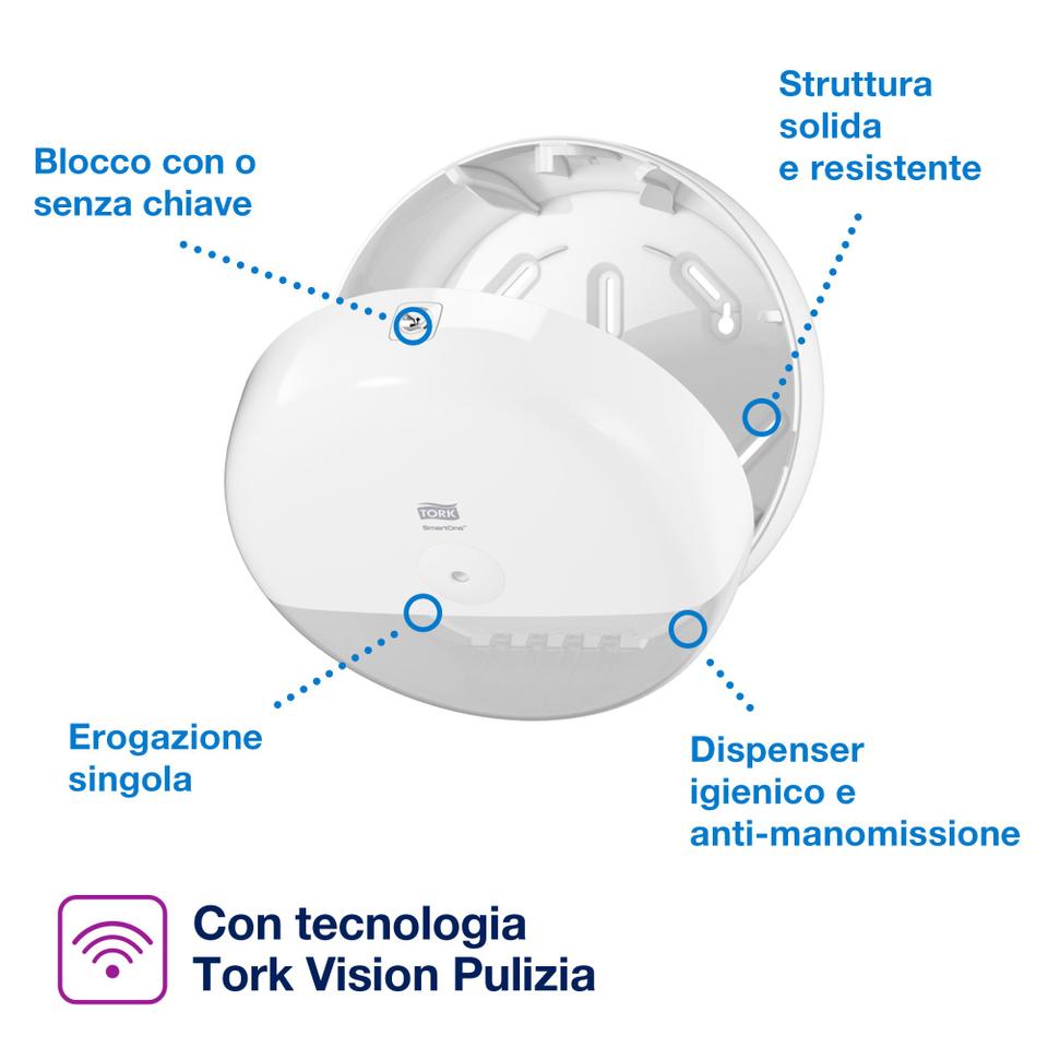 Dispenser rotolo carta igienica Tork Smart One bianco T8